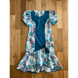 Vintage Hawaiian Puff Sleeve Floral Midi Fishtail Teal Dress Muu Muu Womens S